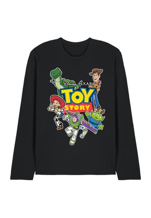 Schwarzes Langarmhemd mit bunten Toy Story-Charakteren, darunter Woody, Buzz, Jessie, Rex und Alien, rund um das Toy Story-Logo.