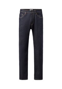 Jean droit bleu foncé avec bouton frontal, fermeture éclair, passants de ceinture et design à cinq poches sur fond blanc.