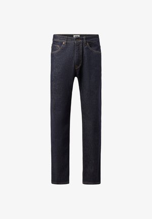Mørkeblå jeans med lige ben, forrest med knap, lynlås, bæltestropper og design med fem lommer på en hvid baggrund.