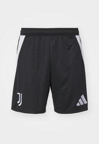 Sorte atletiske shorts lavet af letvægtsstof, med hvide sidelapper, et Adidas-logo og Juventus-emblemet på fronten.