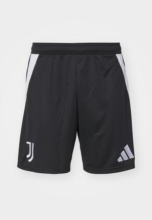 Schwarze Sportshorts aus leichtem Material, mit weißen Seitenstreifen, einem Adidas-Logo und dem Juventus-Wappen auf der Vorderseite.