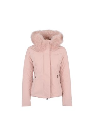 Giubbotto imbottito rosa chiaro con cappuccio in pelliccia sintetica, tasche laterali con zip e una forma aderente con cuciture verticali. Texture liscia.