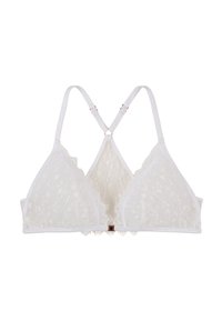 Bralette bianca in pizzo con coppe triangolari, un design in tulle a pois, bretelle regolabili e un dettaglio quadrato in oro rosa al centro.