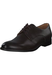 Braune Lederanzugschuhe mit einer schlanken, abgerundeten Spitze, genähten Details und einem dünnen Schnürdesign. Verfügt über eine glatte Textur und einen niedrigen Absatz.