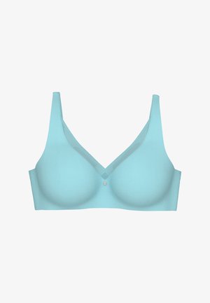 Light blue wireless bra with smooth cups, adjustable straps, and a small decorative charm at the center front.