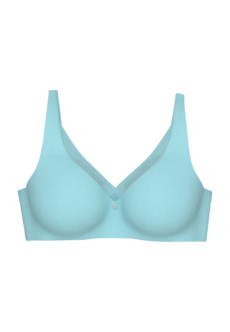Světlomodrá bezdrátová podprsenka s hladkými košíčky, nastavitelnými ramínky a malou dekorativní ozdobou ve středu přední části.