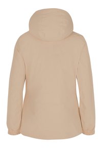 Beige hooded jacket with long sleeves and elastic cuffs, shown from the back on a white background.