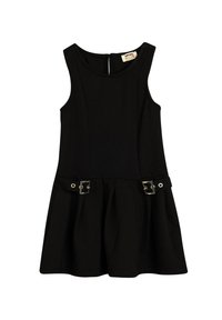 Zwart mouwloos jurkje met een uitlopende rok, voorzien van twee decoratieve gespen op de taille en een ritssluiting aan de achterkant. Soepele stof.