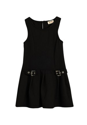 Zwart mouwloos jurkje met een uitlopende rok, voorzien van twee decoratieve gespen op de taille en een ritssluiting aan de achterkant. Soepele stof.
