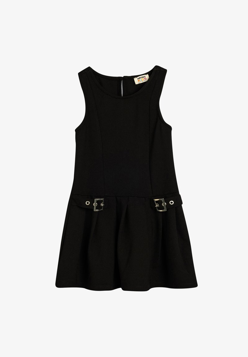 Mustat hihattomat mekko, jossa on liehuva hame, ja vyötäröllä kaksi koristeellista solkea sekä takana vetoketjukiinnitys. Tasainen kangastunne.