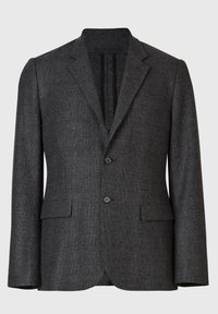 Šedý kostkovaný blazer vyrobený z texturované tkaniny. Obsahuje dva přední knoflíky a klopové límce. Světle a tmavě šedý vzor.