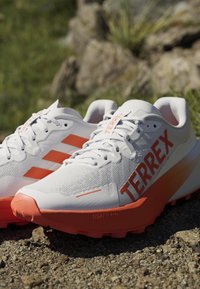 Hvide og orange atletiksk sko med "TERREX"-branding på siden, placeret på stenet jord med grøn græs i baggrunden.