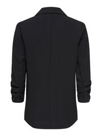 Veste noire à manches longues avec col, vue de dos, avec une couture droite au centre et des manches légèrement froissées.