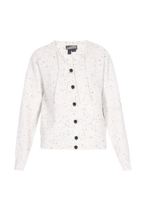 Hvid strikket cardigan med sorte pletter, der har en sjalkrave, knaplukning fortil og ribkant ved ærmer og bund. Klassisk design og blød tekstur.