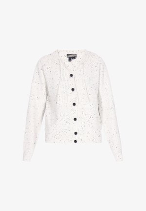 Cardigan alb tricotat cu pete negre, având guler tip șal, închidere cu nasturi și manșete și tiv cu nervuri. Design clasic și textură moale.