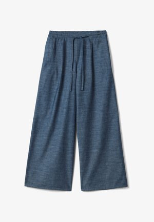 Wide-leg blue linen pants with elastic waistband and front drawstring, flat lay on white background.