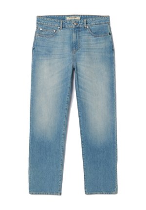 Light blue denim jeans with a straight-leg design, five pockets, and a slightly faded wash. Features silver hardware and a branded waistband tag.
