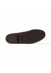 Suola di scarpa in suede marrone con un motivo di texture ondulato, caratterizzata da un logo circolare al centro e una forma rettangolare con un design affusolato.