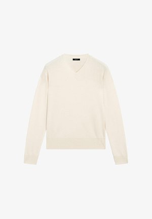 Krémový smetanově bílý svetr s dlouhým rukávem a výstřihem do V, s žebrovanými manžetami a lemem, zobrazený rozložený na bílém pozadí.