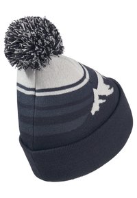 Strickmütze in Navyblau und Grau, mit einem Pompon oben, horizontalen Streifen und einem dekorativen weißen Silhouettenmuster.