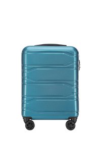 Maleta rígida azul con superficie texturizada, líneas horizontales, un asa superior y cuatro ruedas negras para movilidad.