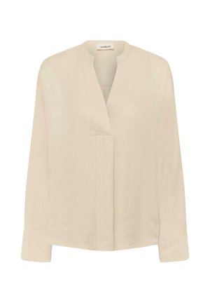 Blouse beige à manches longues avec un col en V et un détail plissé subtil à l'avant. Tissu doux et lisse avec des poignets boutonnés. Design minimaliste.
