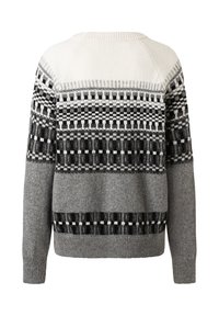 Grauer Strickpullover mit schwarz-weißen Musterdetails, komfortabler Passform, Rundhalsausschnitt und geripptem Saum.