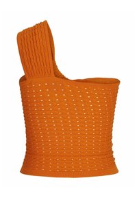Top de punto naranja con un tirante, que presenta un patrón texturizado y un diseño de tejido abierto. El material parece elástico y forrado.