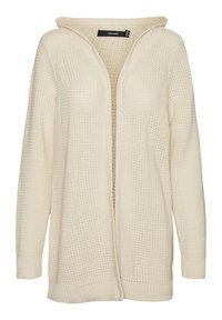 Leichtgewichtige, offene Strickjacke in Creme mit strukturiertem Strickmuster und langen Ärmeln. Verfügt über eine Kapuze sowie gerippte Bündchen und Saum.