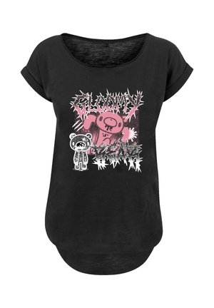 Schwarz, kurzärmliges T-Shirt mit grafischem Druck von Cartoon-Bären in Pink und Weiß sowie gezacktem Text, aus weichem Stoff und mit lockerer Passform.