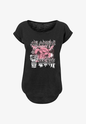 Black, short-sleeve t-shirt featuring a graphic print of cartoon bears in pink and white with jagged text, soft fabric, and a loose fit.