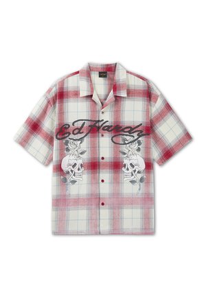 Koszula w czerwono-białą kratę z krótkim rękawem, z nadrukiem "Ed Hardy", czaszki i róże z przodu, z guzikami i kołnierzykiem.