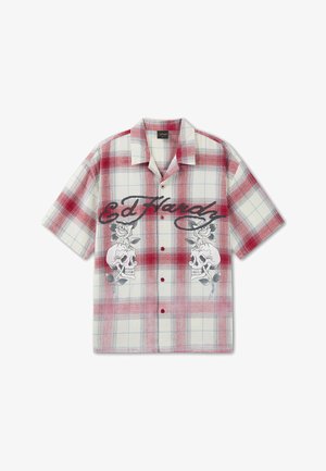 Koszula w czerwono-białą kratę z krótkim rękawem, z nadrukiem "Ed Hardy", czaszki i róże z przodu, z guzikami i kołnierzykiem.