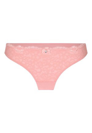 Roze kanten damesbikini ondergoed met bloemmotief, geschulpte randen en een klein satijnen strikje met een strassteentje in het midden aan de voorkant.