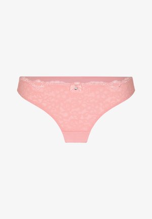 Roze kanten damesbikini ondergoed met bloemmotief, geschulpte randen en een klein satijnen strikje met een strassteentje in het midden aan de voorkant.