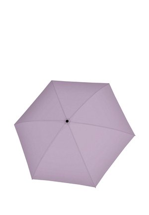 Light purple umbrella opened, viewed from above, showing six fabric panels and central black tip.