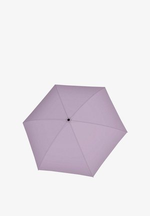 Light purple umbrella opened, viewed from above, showing six fabric panels and central black tip.