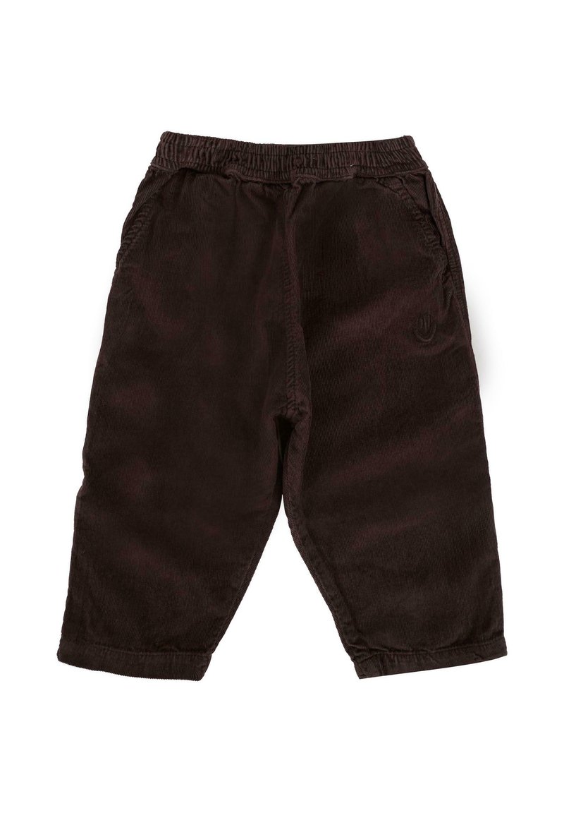 Bordeaux corduroy broek met een elastische tailleband, taps toelopende pijpen en zijzakken. Zachte textuur met subtiel ribbelpatroon.