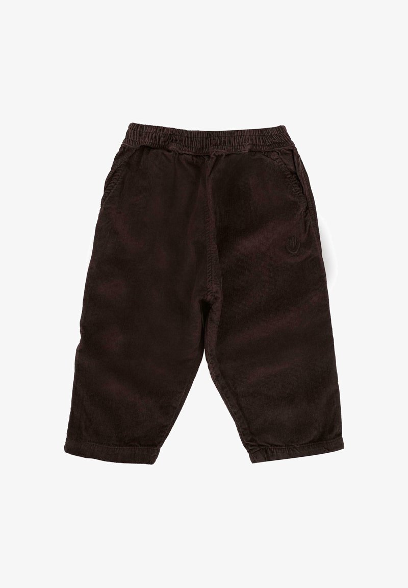 Bordeaux corduroy broek met een elastische tailleband, taps toelopende pijpen en zijzakken. Zachte textuur met subtiel ribbelpatroon.