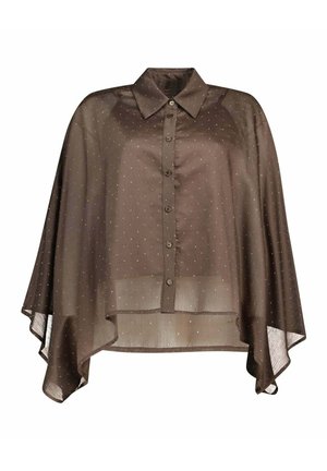 Bruine doorschijnende blouse met knopen, lange vleermuismouwen en klein wit polkadotpatroon, met een klassieke kraag.