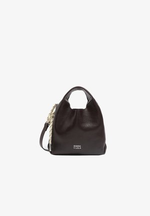 Czarna skórzana torebka na krótkim uchwycie, z kremowo-czarnym wzorem na sznurku oraz logo "BIMBA Y LOLA" z przodu.