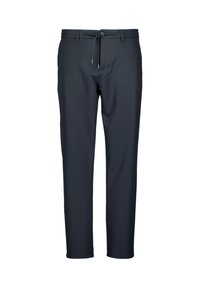 Marineblauwe broek met een slim fit, gemaakt van lichtgewicht, rekbaar materiaal. Heeft een drawstring taille en een minimalistisch ontwerp zonder zichtbare patronen.