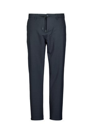 Pantalon bleu marine à coupe slim, en tissu léger et extensible. Doté d'une taille élastique avec cordon de serrage et d'un design minimaliste sans motifs visibles.