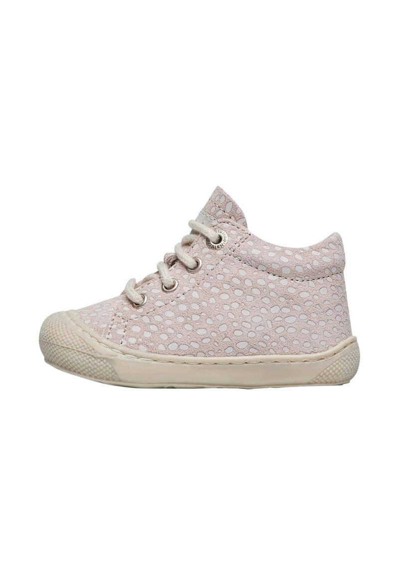 Sneakers per bambini rosa chiaro con un motivo a pois, tomaia in tessuto testurizzato, punta arrotondata e suola in gomma. Presentano un tradizionale sistema di allacciatura.
