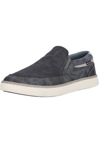 Schlüpfschuhe mit einem dunkelgrauen strukturierten Obermaterial, glatten grauen Akzenten, elastischen Einsätzen und einer weißen Gummisohle mit rippierter Textur.