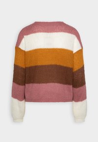 Maglione in maglia con righe orizzontali nei colori rosa, bianco, senape, marrone e bordeaux. Collo rotondo e maniche lunghe con polsini a coste.