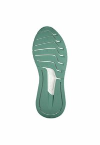 Grüne Gummisohle mit strukturierter Oberfläche, die ein Wellenmuster und weiße Akzente aufweist, am Boden mit der Größe 37 beschriftet.