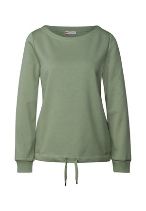 Sudadera de algodón verde con mangas largas, cuello redondo y cordón ajustable en la cintura. Textura suave, diseño casual.