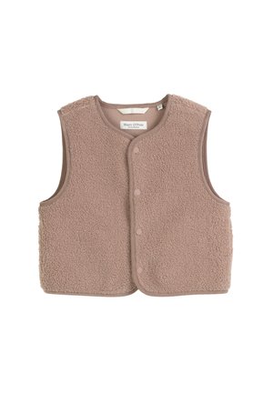 Gilet en polaire beige doux avec col rond, fermeture à boutons-pression devant et sans manches. Présente un extérieur texturé et une bordure lisse.