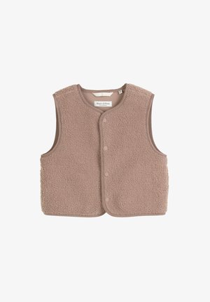 Fleeceweste in weichem Beige mit rundem Ausschnitt, vorderer Druckknopfverschluss und ärmellos. Verfügt über eine strukturierte Außenseite und glatte Einfassung.